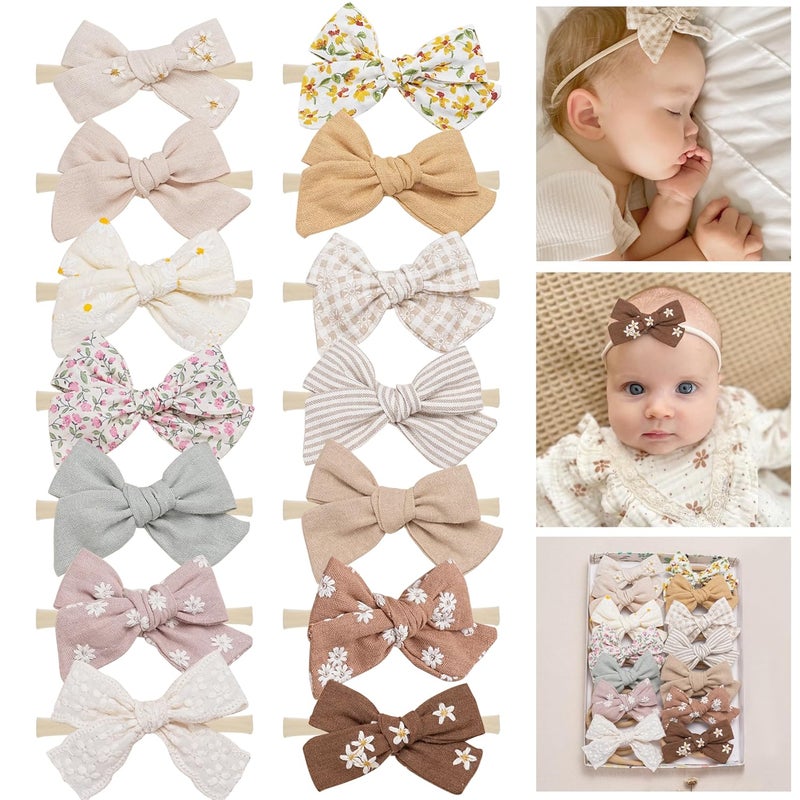 Fancy Clouds Baby Girl Bows and Headbands,14 pcs Stretchy Soft Nylon Hairbands Hair Bows for Newborns, Infants, Toddlers - Handmade Baby Hair Accessories for Girls Gifts - Image 1